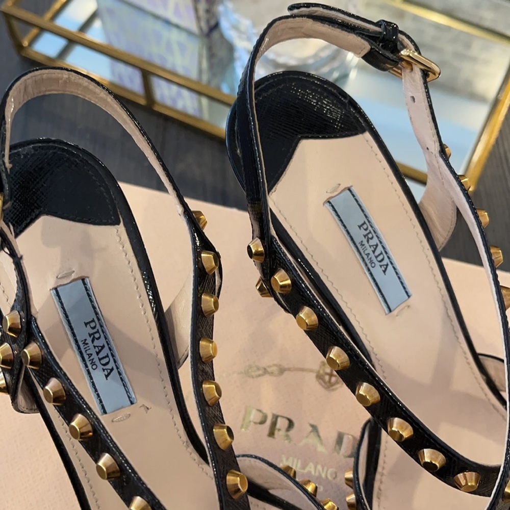 Prada Black Leather Gold Studded Heels - Picture 2 of 6
